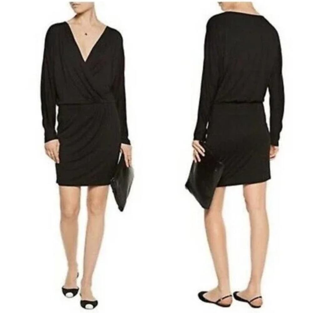 Haute Hippie Modal Surplice Neckline Faux Wrap Dress small Solid Black New NWT